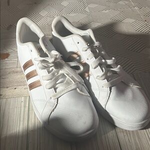 Adidas White Sneakers with Bronze Stripes